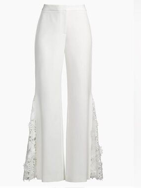 UNGARO White Wide-Leg Pants with Lace Panel, NWT
